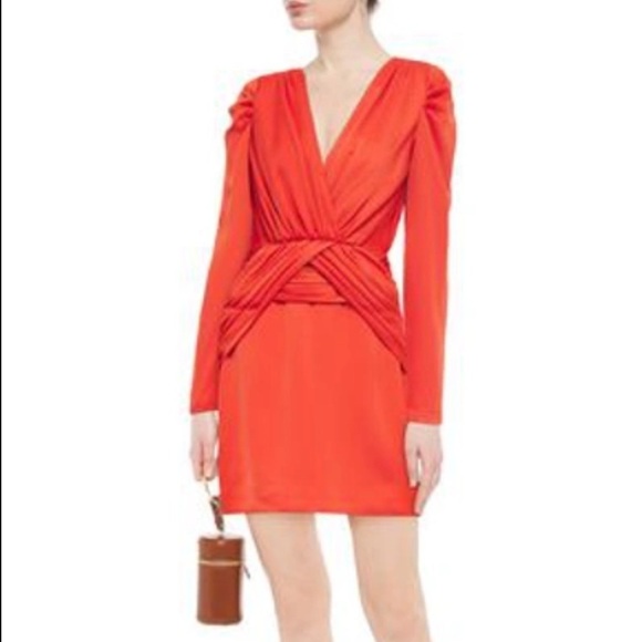 Nicholas- NWT Coral Ruched Satin-Crepe Longsleeve Mini Cocktail Dress - Picture 1 of 6